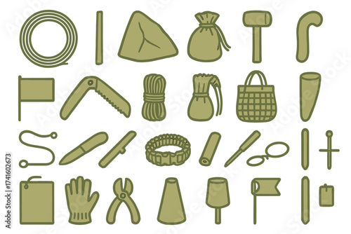 Collection of outdoor tools and supplies for camping or adventure activities displayed on a plain background