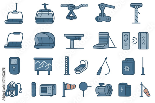 Collection of various equipment and tools commonly found in outdoor and recreational settings