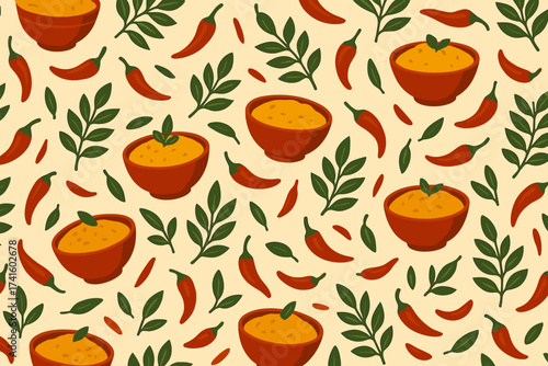 Colorful pattern featuring spices and bowls of dipping sauce on a light background