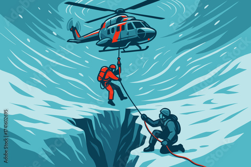 Rescue operation in snowy landscape involving helicopter and climber in need of help
