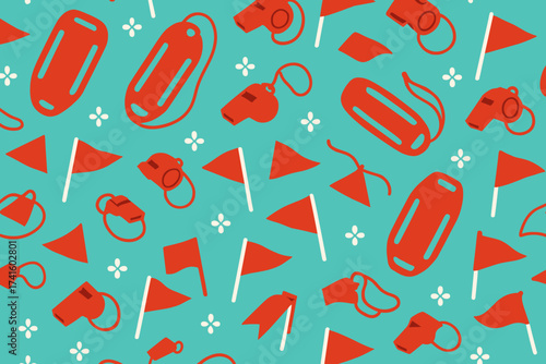 Fun summer pattern with red whistles, flags, and lifeguard equipment on a bright teal background