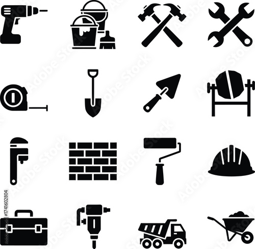 Collection of construction and diy tools and equipment icons in black and white