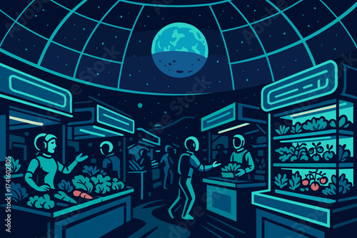 Market scene with astronauts exchanging goods under a planet-filled dome at night