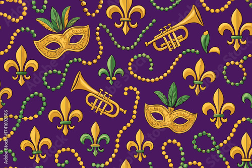 Colorful Mardi Gras pattern with masks, trumpets, and beads on a purple background celebrating the festive spirit of New Orleans