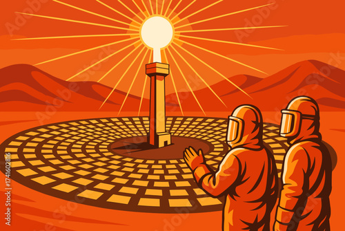 Scientists observing a central monument during a bright sunset in a desert landscape