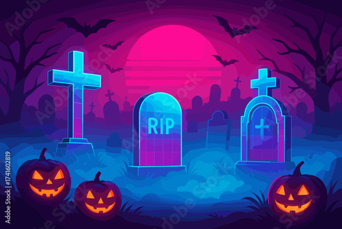 Spooky Halloween night scene in a graveyard with glowing tombstones and carved pumpkins
