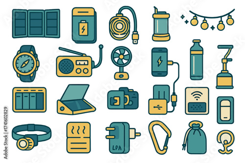 Collection of camping and outdoor gear including tools, electronics, and accessories displayed on a clean surface