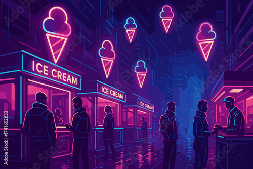 Neon ice cream stands attract night crowds in a vibrant urban setting during rainy weather