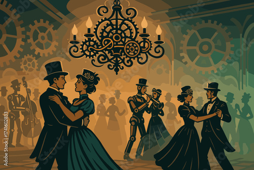 Elegant couples dance at a steampunk-themed ballroom in a vintage setting with a grand chandelier