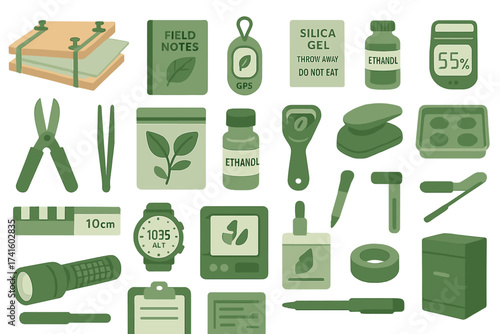 Collection of green scientific tools and materials organized on a workspace table for research and study purposes