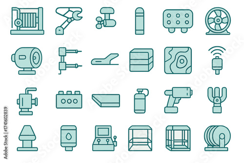 Various industrial tools and equipment arranged in a grid, showcasing different shapes and purposes in a workshop setting
