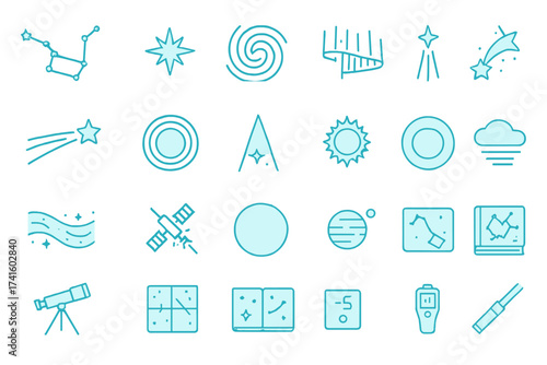 Symbols and icons related to astronomy and space science depicted in a simple, colorful style for educational purposes