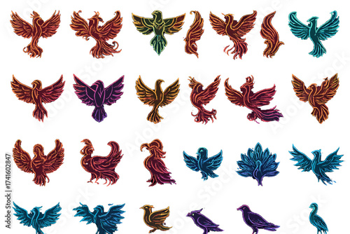 Colorful collection of phoenix and bird illustrations featuring various designs and styles displayed in a grid pattern