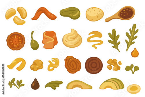 Colorful collection of various sauces and toppings for culinary decoration