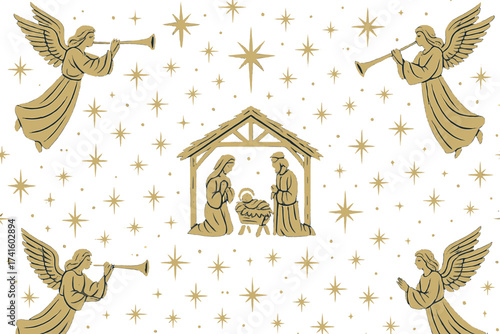 Beautiful nativity scene with angels and stars created in a festive design for holiday celebrations