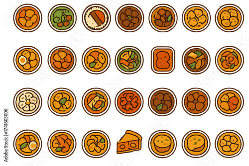 Various delicious food plates featuring vibrant colors and diverse cuisines arranged in a playful layout