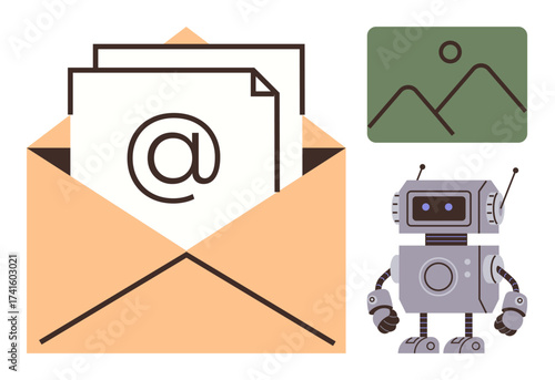 Envelope containing message with at sign, image gallery, and robotic figure combining technology and communication. Ideal for technology, automation, email, AI, innovation, digital tools messaging