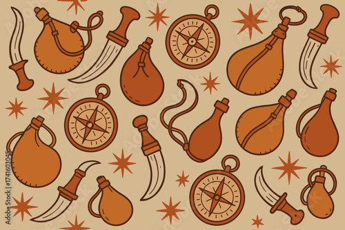 Vintage pirate themed illustration featuring swords, compasses, and equipment on a textured background