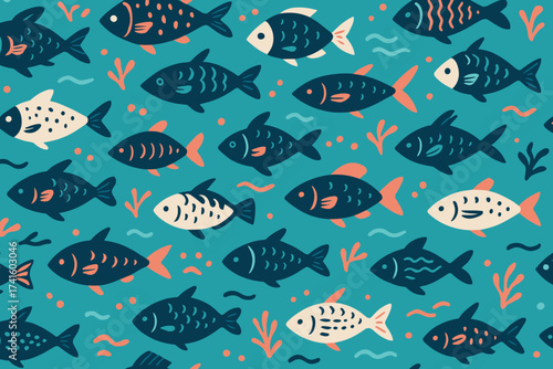 Colorful fish pattern on a turquoise background, showcasing various fish designs and aquatic plants in a playful, artistic style