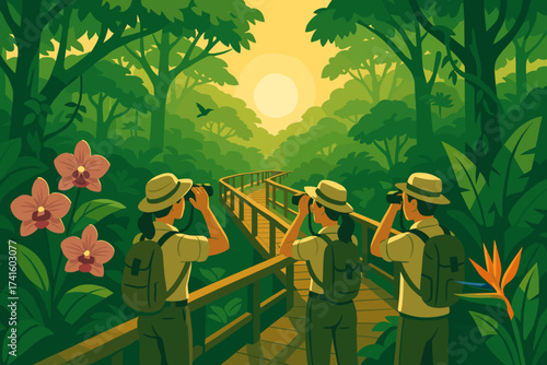 Nature explorers enjoy a quiet morning in the jungle observing wildlife and taking photographs as the sun rises
