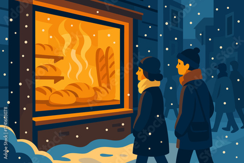 Couple enjoys freshly baked bread while walking in snowy street at night