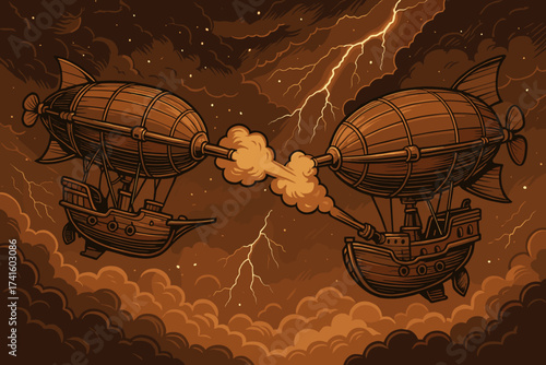 Battle between two steampunk airships in a stormy sky with lightning and clouds