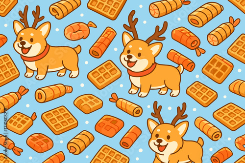 Cute corgi with antlers surrounded by delicious sweets and snacks in a fun pattern