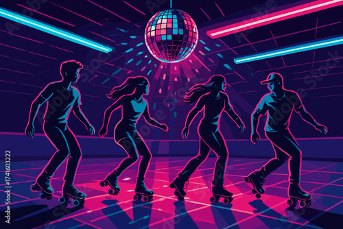 Group of friends enjoying fun roller skating at a lively disco under vibrant lights and a spinning disco ball