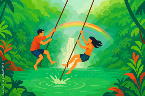 Friends enjoy swinging over a vibrant green river and waterfall under a rainbow in a tropical jungle setting