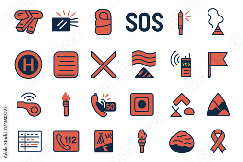 Emergency signaling icons and symbols to communicate urgent situations and requests for help in various contexts