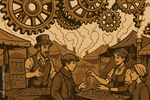 People exchanging steampunk gears at a lively market with tents and steam rising in the background during the day