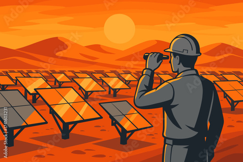 Worker inspects solar panels at sunset in a desert landscape