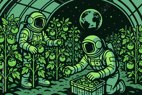 Astronauts harvest tomatoes in a futuristic greenhouse on another planet under the watchful Earth