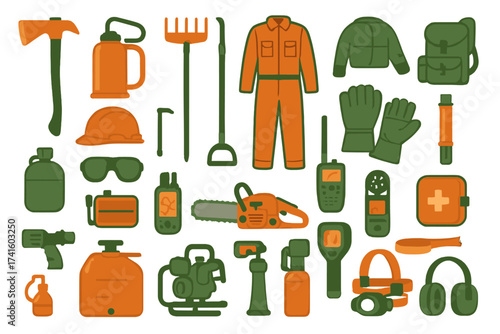Collection of outdoor and safety gear including tools, clothing, and equipment for various tasks
