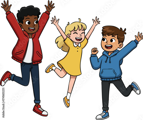 Happy jumping children with diverse skin tones in casual clothes showing joy and excitement vector illustration 