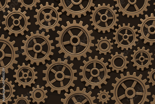 Unique arrangement of various sized gears on a brown background showcasing mechanical design aesthetics
