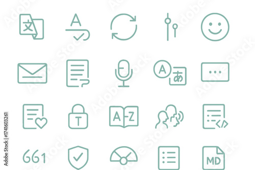 Collection of simple line icons representing various communication and language-related activities and tools