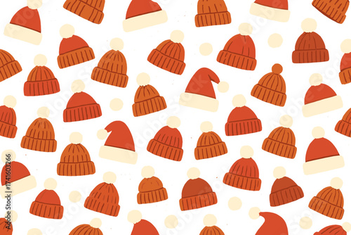 Patterns of red winter hats with white pom poms and decorations on a light background