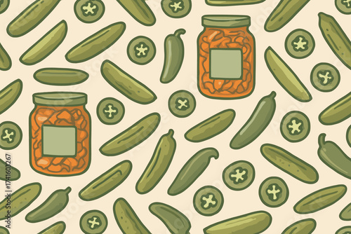 Colorful pattern of pickles and jars with preserved vegetables on a light background