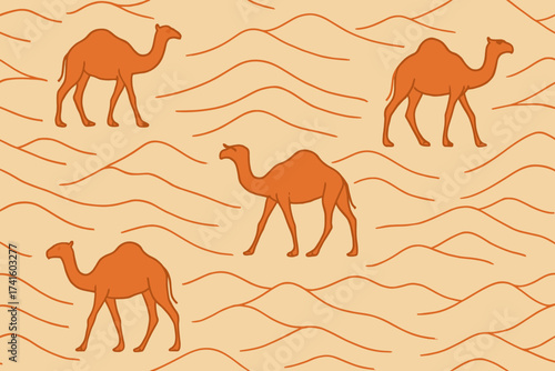 Colorful pattern featuring camels walking through sandy waves in a warm desert landscape