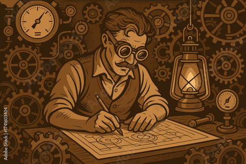 Skilled inventor designs intricate machinery in a dimly lit workshop filled with gears and tools