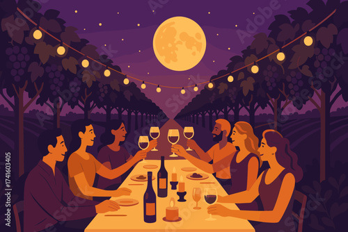 Celebration dinner under the full moon with friends at a vineyard in the evening