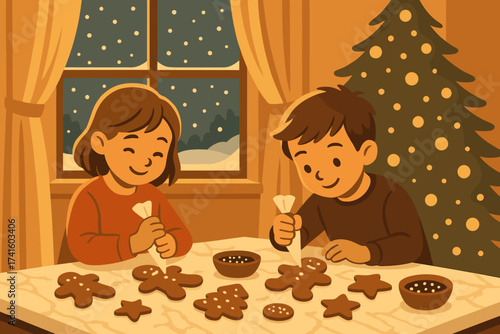 Children decorating gingerbread cookies in a cozy room during winter season
