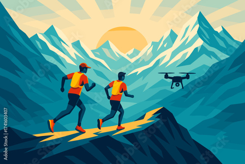 Two runners explore a mountain trail at sunrise with a drone capturing the scenic view in the background
