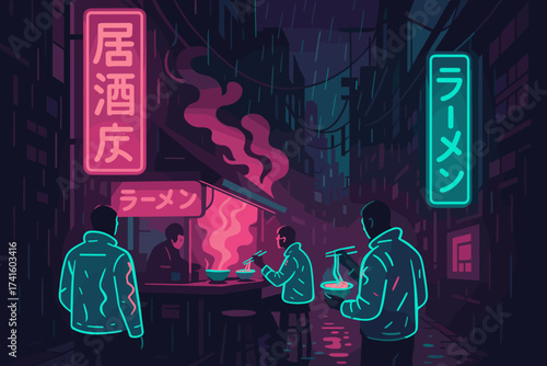 Neon-lit ramen shop in a rainy alleyway at night, showcasing vibrant street food culture