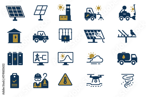 Innovative icons represent renewable energy, technology, and environmental practices in a modern design