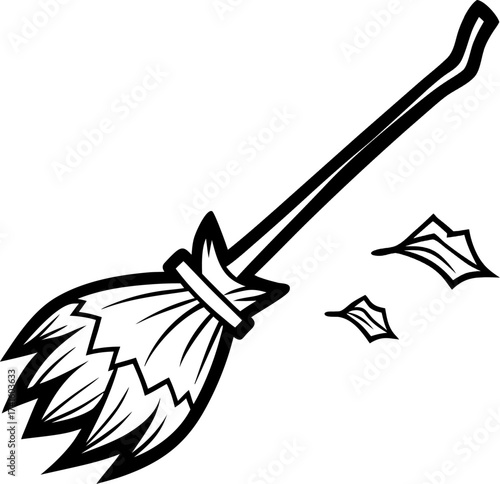 Broken witch broom, vector line art icon, black and white, white background