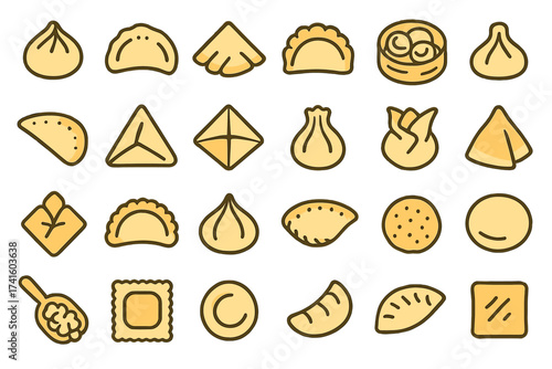 Diverse collection of dumplings displayed in a simple design showing various types and shapes from different cultures