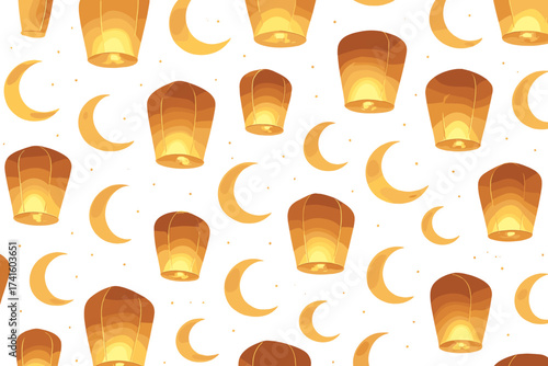 Bright golden lanterns and crescent moons create a festive atmosphere for nighttime celebrations and events