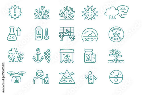 Icons representing various elements of coral reef safety and conservation practices in marine environments